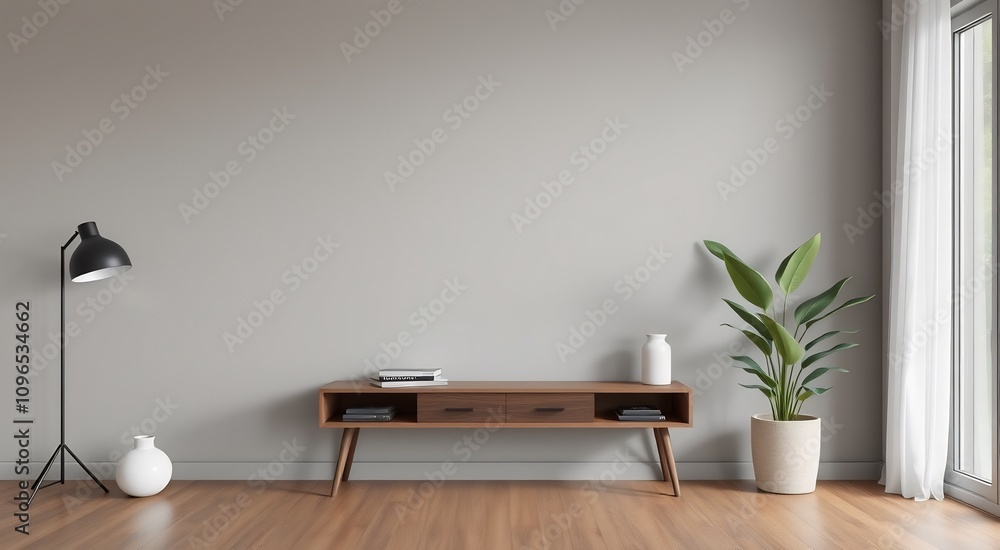 Minimalist living room interior with a wooden console table, a floor lamp and a potted plant. Minimalist living room interior with a wooden console table, a floor lamp and a potted plant.