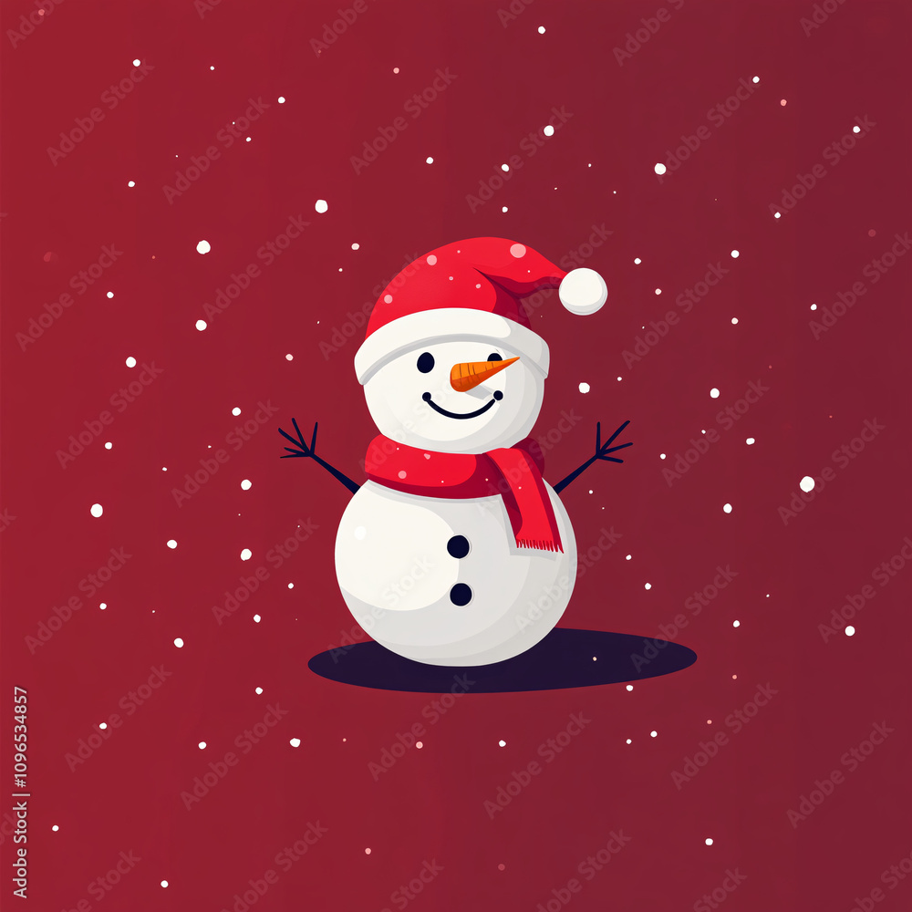 Fototapeta premium Minimalistic Illustrations of Cheerful Snowmen with Santa Hats and Scarves on a Red Background, Highlighting Festive Simplicity and Holiday Joy