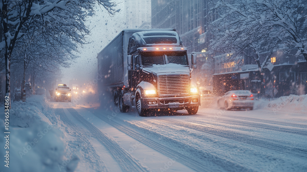 A heavy-duty truck drives on a snowy city street in winter during a snowfall
A heavy-duty truck drives on a snowy city street in winter during a snowfall
