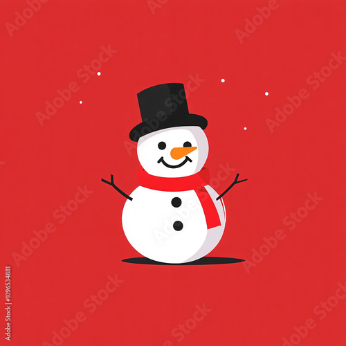 Minimalistic Illustrations of Cheerful Snowmen with Santa Hats and Scarves on a Red Background, Highlighting Festive Simplicity and Holiday Joy photo