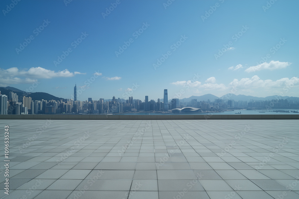Empty Rooftop with City Skyline and Clear Blue Sky Empty Rooftop with City Skyline and Clear Blue Sky