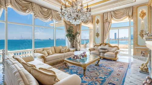 Dubai Luxury Seaside Villa - roomy Escape with Lavish Decor, Floor-to-Ceiling Panoramic Views of the Arabian Gulf, and Exquisite Features like Crystal Chandeliers and Marble Floors photo