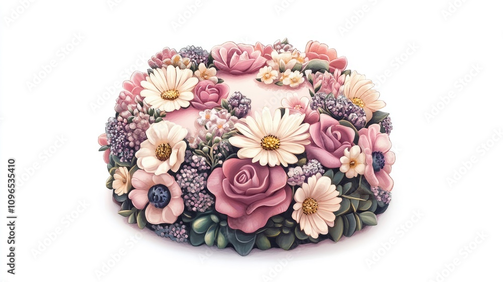 a floral cake illustration, adorned with edible flowers, digital art style, soft pastel palette, isolated on white background a floral cake illustration, adorned with edible flowers, digital art style, soft pastel palette, isolated on white background