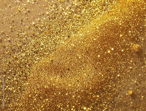 Close-up of gold glitter particles and dust scattered on a textured surface, metallic sheen, luxurious feel, gold sparkle