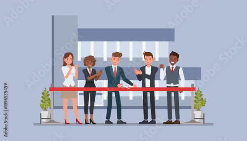Businessman cutting a ribbon in front of a small office or storefront and celebrating the launch of their startup character vector illustration design. Business startup launch concept.
