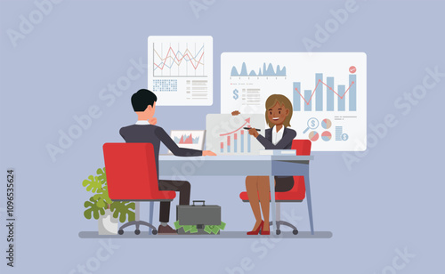 Female financial advisor and a client reviewing financial statements and investment options character vector illustration design.