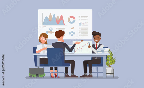 Male financial advisor and a client reviewing financial statements and investment options character vector illustration design.