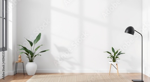 Minimalist living room with a white wall, a rug, and a floor lamp.