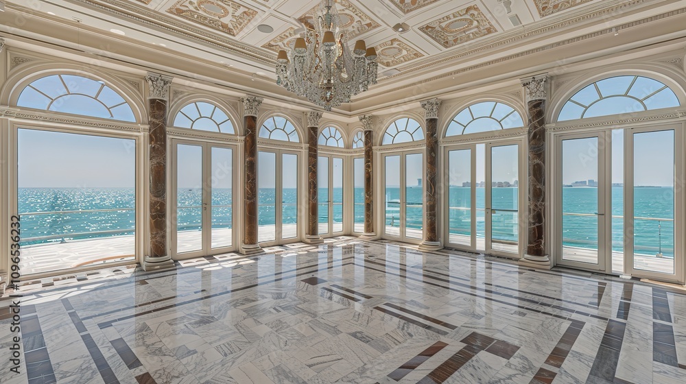 Obraz premium Dubai Luxury Seaside Villa - roomy Escape with Lavish Decor, Floor-to-Ceiling Panoramic Views of the Arabian Gulf, and Exquisite Features like Crystal Chandeliers and Marble Floors