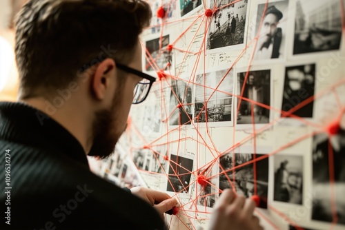 A detective investigates a case on a board with photos photo