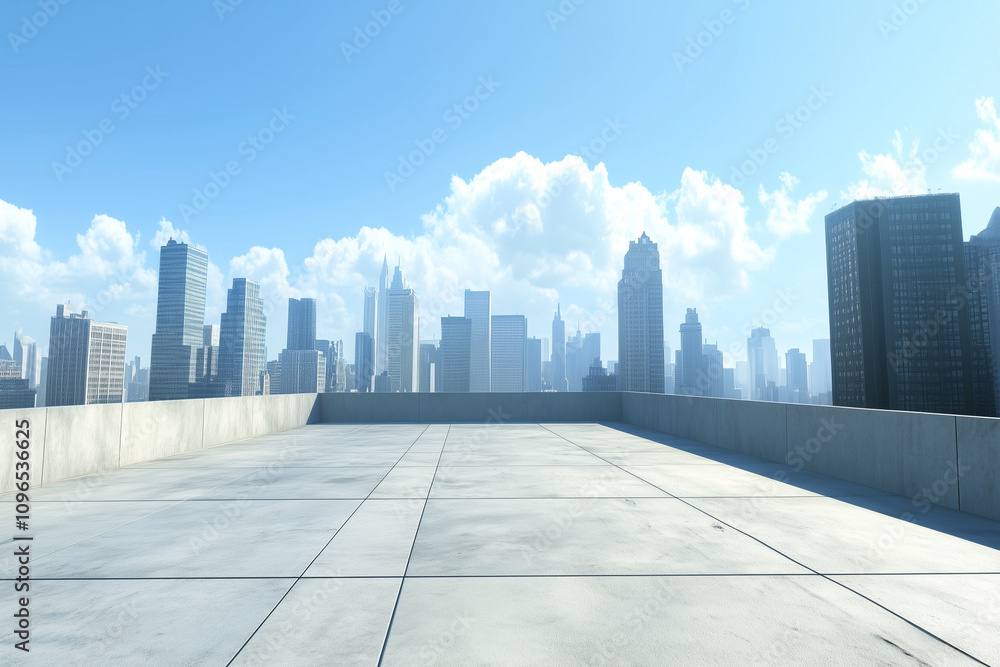Empty Rooftop with City Skyline and Clear Blue Sky Empty Rooftop with City Skyline and Clear Blue Sky