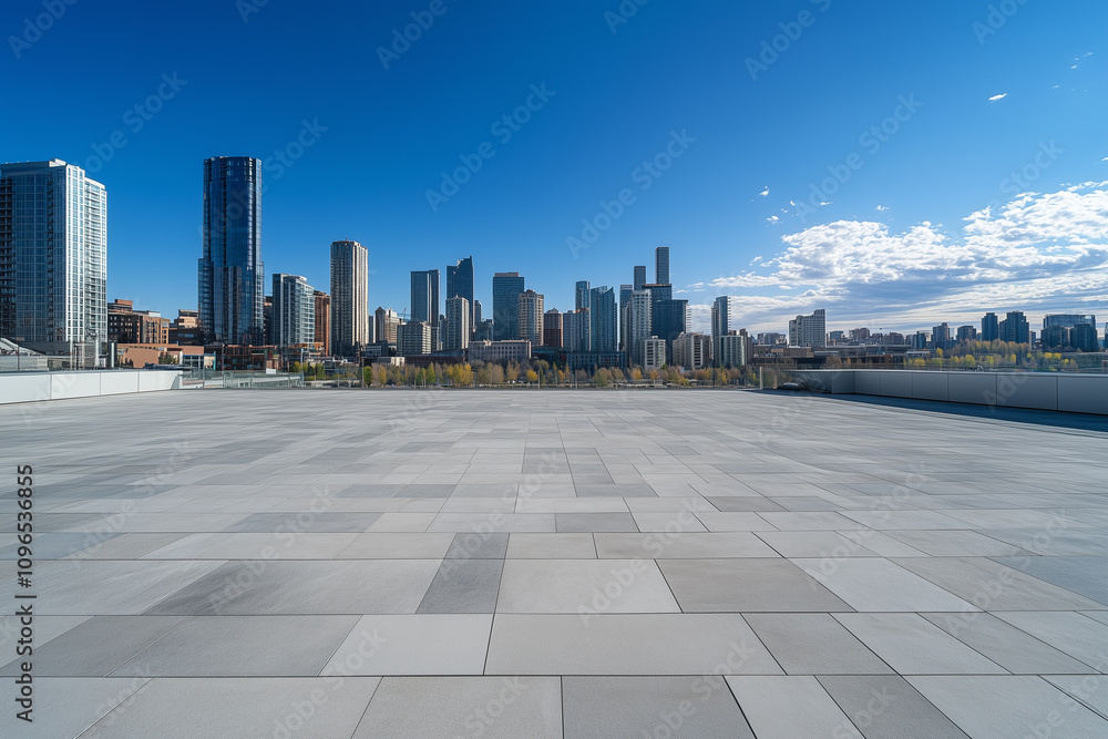 Empty Rooftop with City Skyline and Clear Blue Sky Empty Rooftop with City Skyline and Clear Blue Sky