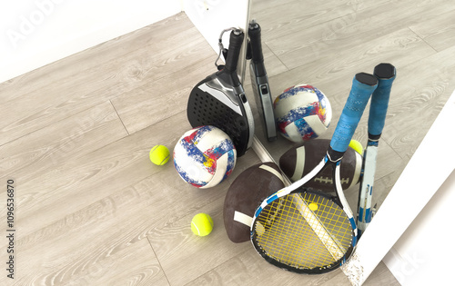  different modern sport equipment near beige wall