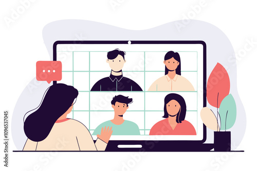 Group of business people partners coworkers having remote video conference call. Vector flat illustration