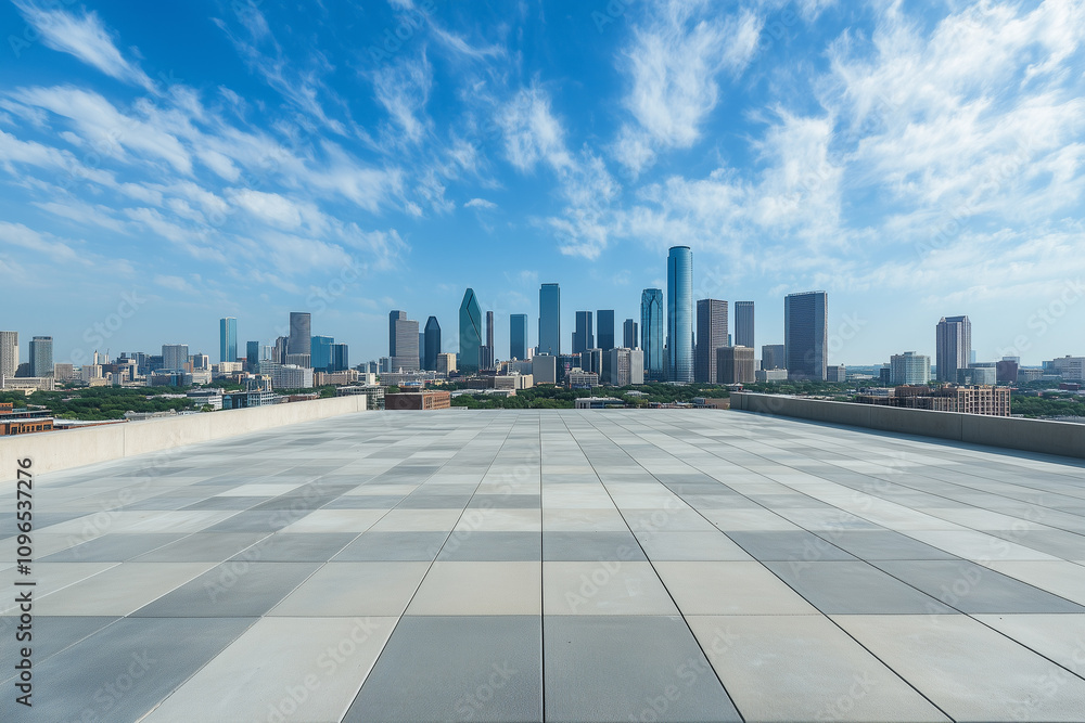 Empty Rooftop with City Skyline and Clear Blue Sky Empty Rooftop with City Skyline and Clear Blue Sky
