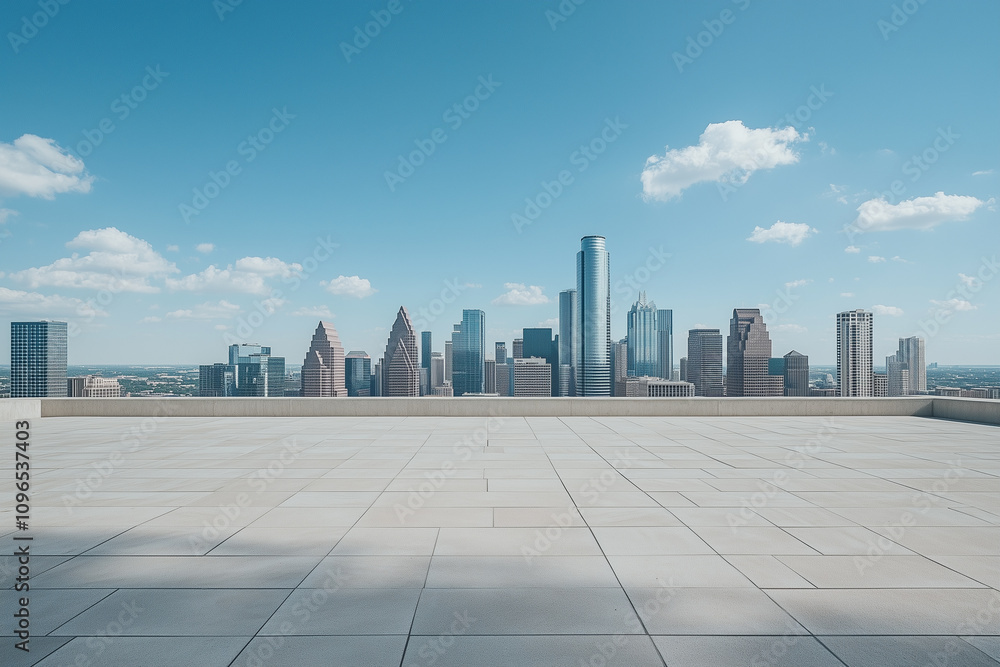 Empty Rooftop with City Skyline and Clear Blue Sky Empty Rooftop with City Skyline and Clear Blue Sky