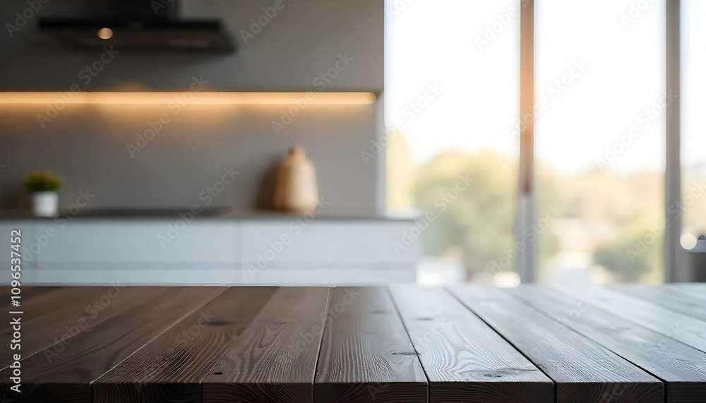 Fototapeta premium Dark wooden table in a modern kitchen with a blurred background