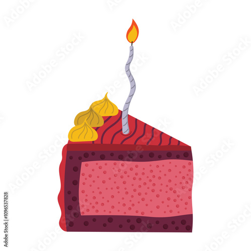 Piece of cake with berry mousse and holiday candle.