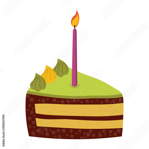 Pistachio chocolate piece of cake with cream and candle.