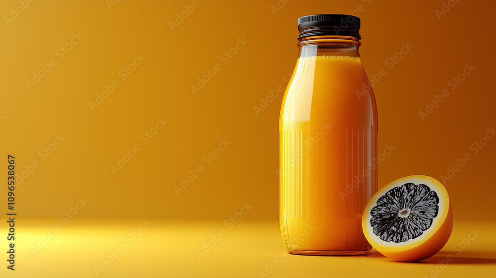 Orange Juice Bottle with Minimalist Orange Background Orange Juice Bottle with Minimalist Orange Background