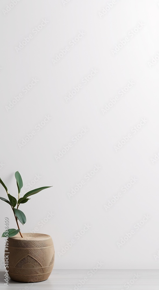 Minimalist white wall with a plant in a brown pot. Minimalist white wall with a plant in a brown pot.