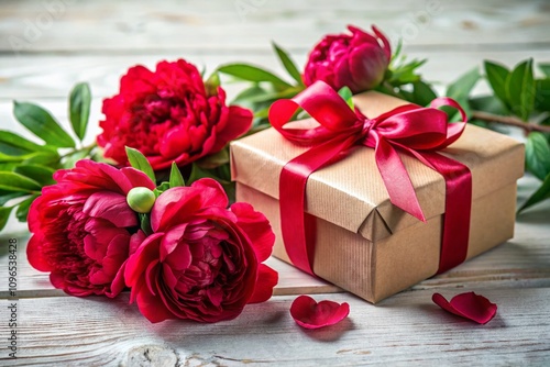 Beautiful Gift Box with Red Peonies on a White Table, Perfect for Valentine's, Mother's Day, or Women's Day Celebrations, Emphasizing Internet Shopping and Flower Shop Concepts