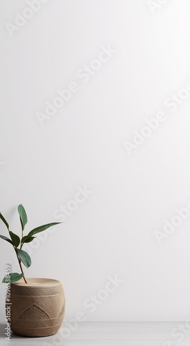 Minimalist white wall with a plant in a brown pot.