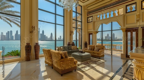 Dubai Luxury Seaside Villa - roomy Escape with Lavish Decor, Floor-to-Ceiling Panoramic Views of the Arabian Gulf, and Exquisite Features like Crystal Chandeliers and Marble Floors photo