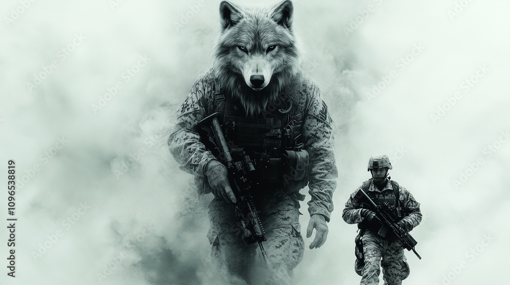 Obraz premium Wolf Soldier in Foggy Battlefield