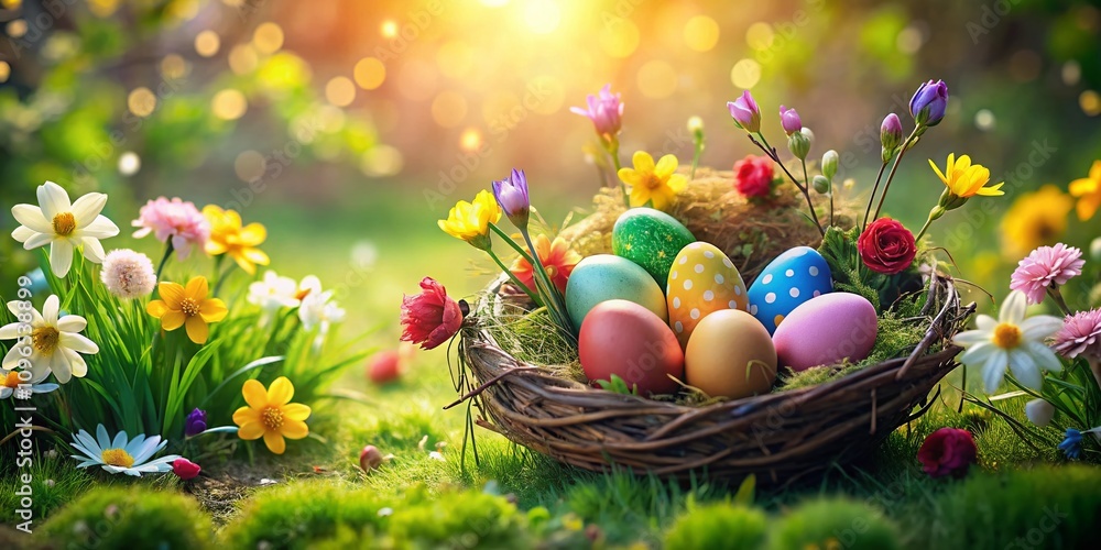 Beautiful Nest with Colorful Easter Eggs Surrounded by Green Grass and Spring Flowers, Perfect for Celebrating the Easter Holiday and Springtime Festivities Beautiful Nest with Colorful Easter Eggs Surrounded by Green Grass and Spring Flowers, Perfect for Celebrating the Easter Holiday and Springtime Festivities