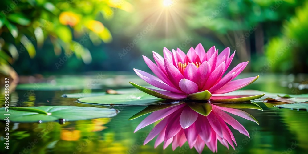 Beautiful Pink Waterlily Blooming in Tranquil Pond with Soft Reflections and Copy Space for Nature Inspired Designs and Editorial Use Beautiful Pink Waterlily Blooming in Tranquil Pond with Soft Reflections and Copy Space for Nature Inspired Designs and Editorial Use
