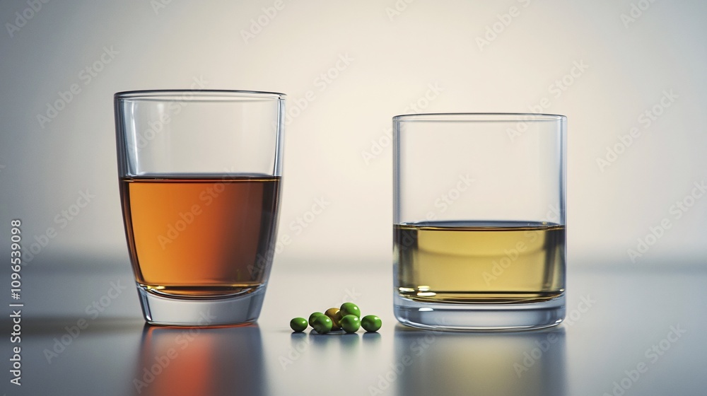 Two Elegant Glasses with Different Beverages and Green Peas Two Elegant Glasses with Different Beverages and Green Peas