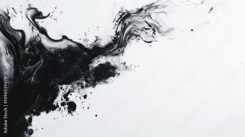 A black and white abstract painting featuring flowing, dynamic strokes and splatters of paint on a white background A black and white abstract painting featuring flowing, dynamic strokes and splatters of paint on a white background