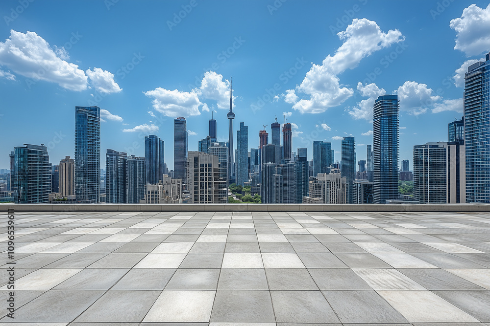 Empty Rooftop with City Skyline and Clear Blue Sky Empty Rooftop with City Skyline and Clear Blue Sky
