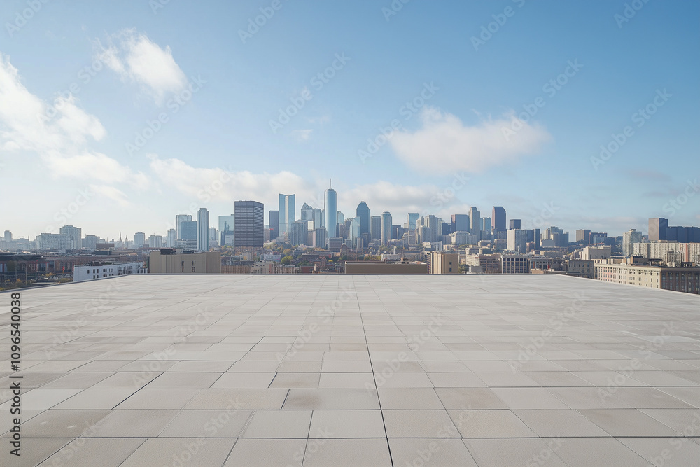 Obraz premium Empty Rooftop with City Skyline and Clear Blue Sky