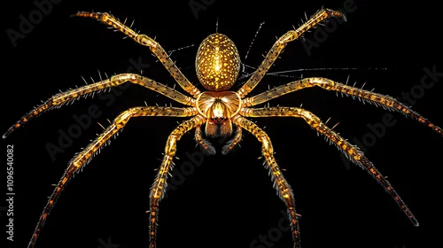 Fototapeta na wymiar Elegant golden spider and its web glowing against a contrasting black backdrop