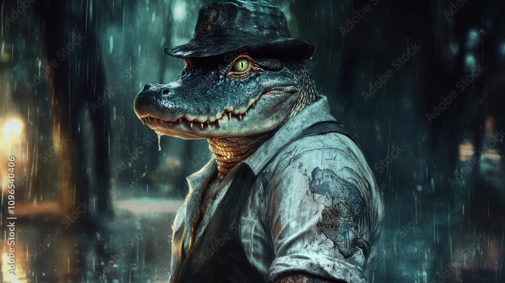 Humanoid crocodile wearing a hat and a vest, standing in the rain with a determined expression Humanoid crocodile wearing a hat and a vest, standing in the rain with a determined expression