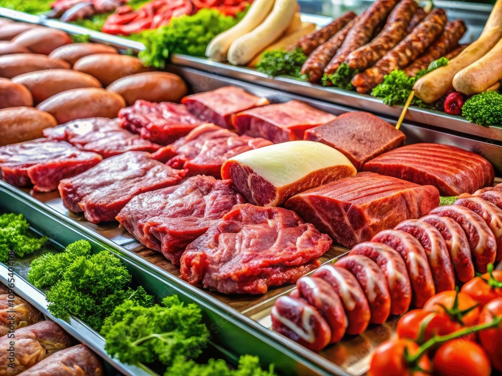 Dynamic close-up shots of fresh meat selections, including quality cuts, sausages, and poultry, ideal for enticing supermarket marketing and culinary creativity. Dynamic close-up shots of fresh meat selections, including quality cuts, sausages, and poultry, ideal for enticing supermarket marketing and culinary creativity.