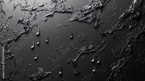 Artistic Compositions of Headphones and Musical Notes with Dark Aesthetics, Highlighting Themes of Music, Sound Waves, and Digital Creativity photo