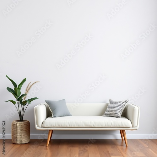 White couch with wooden legs, a green plant, and two pillows in a room with white walls and wooden floors. photo