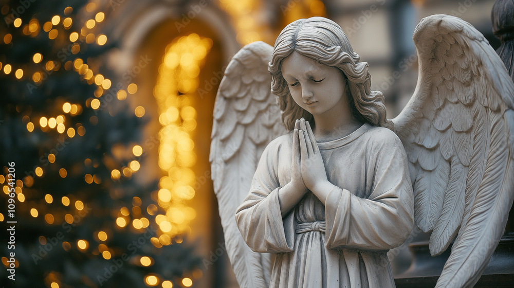 A serene angel statue stands in a festive setting, surrounded by Christmas trees illuminated with golden lights at dusk A serene angel statue stands in a festive setting, surrounded by Christmas trees illuminated with golden lights at dusk
