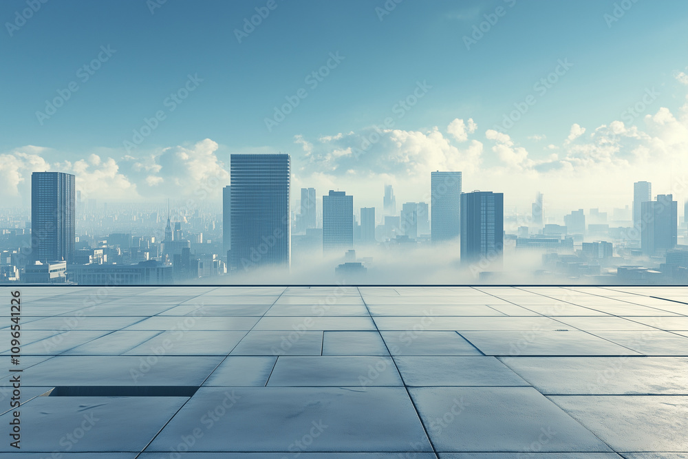 Empty Rooftop with City Skyline and Clear Blue Sky Empty Rooftop with City Skyline and Clear Blue Sky