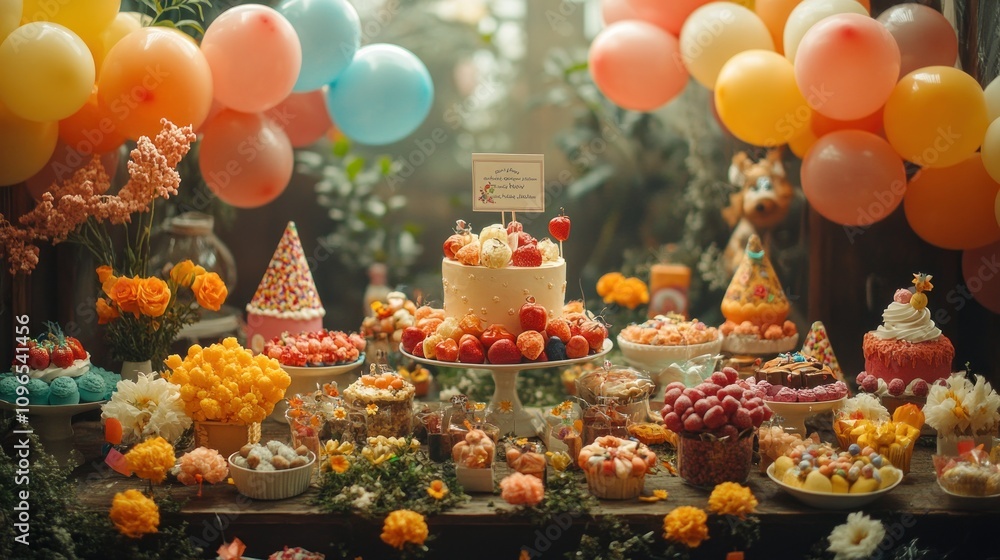 A Delightful Birthday Candy Bar: Colorful Sweets and Balloons