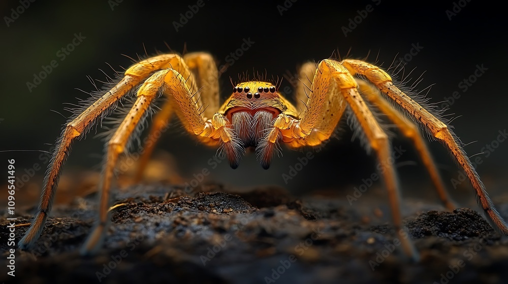 Hairy legged golden spider delicately creating a web in a black moody setting Hairy legged golden spider delicately creating a web in a black moody setting