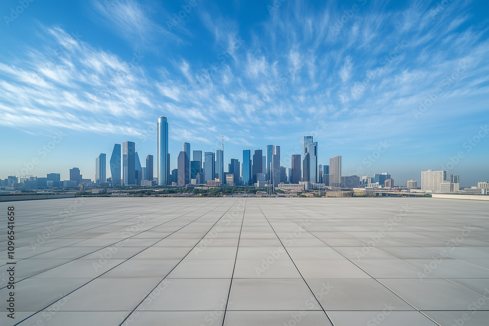 Empty Rooftop with City Skyline and Clear Blue Sky Empty Rooftop with City Skyline and Clear Blue Sky