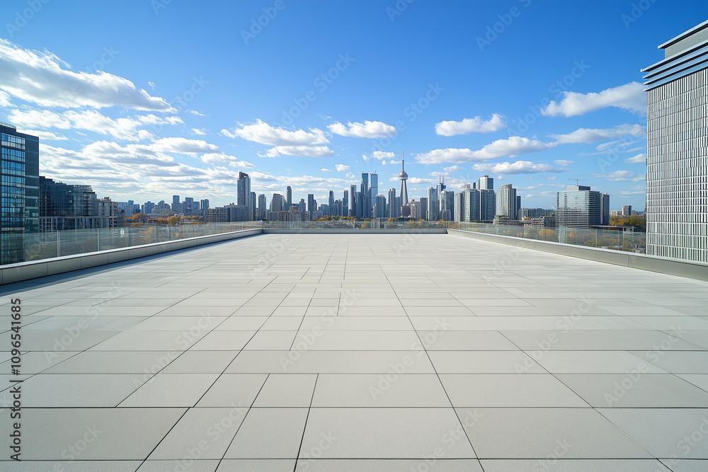 Empty Rooftop with City Skyline and Clear Blue Sky Empty Rooftop with City Skyline and Clear Blue Sky