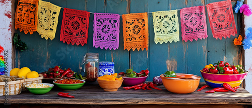 Colorful Mexican-inspired food display with festive decor photo