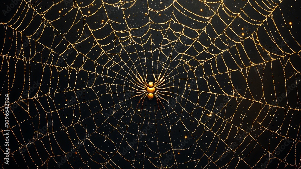 Obraz premium Minimal black background emphasizing a golden spider's delicate web creation