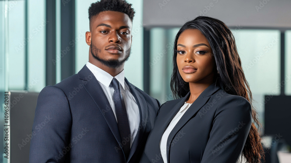 Professional portrait of young Black business man and woman in suits, exuding confidence and ambition in modern office setting Professional portrait of young Black business man and woman in suits, exuding confidence and ambition in modern office setting
