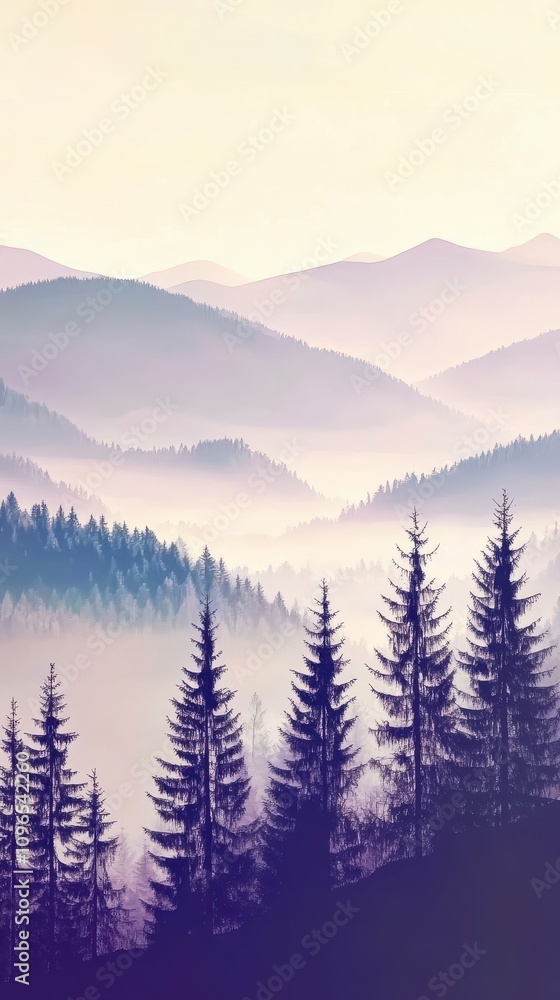 Fototapeta premium Misty Mountain Silhouettes: A Serene Landscape Painting